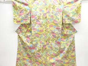 未使用品　地紙に草花模様織出し単衣着物